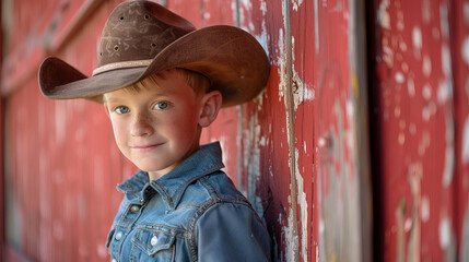 Young boy in cowboy hat leaning against a red barn