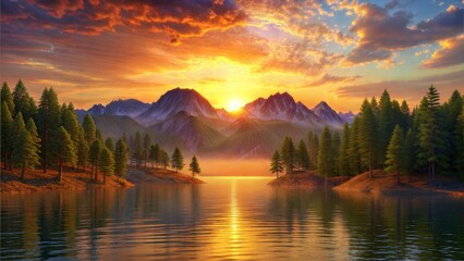 Beautiful sunset in lake with hills and pine trees
