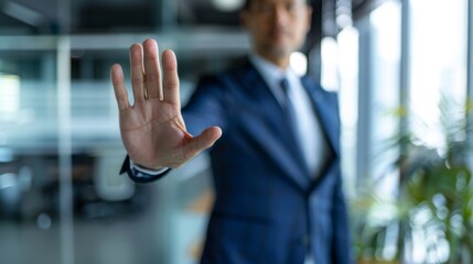 Assertive Businessman Giving Stop Gesture in Office
