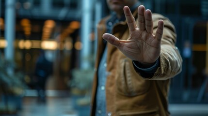 Assertive Businessman Giving Stop Gesture in Office