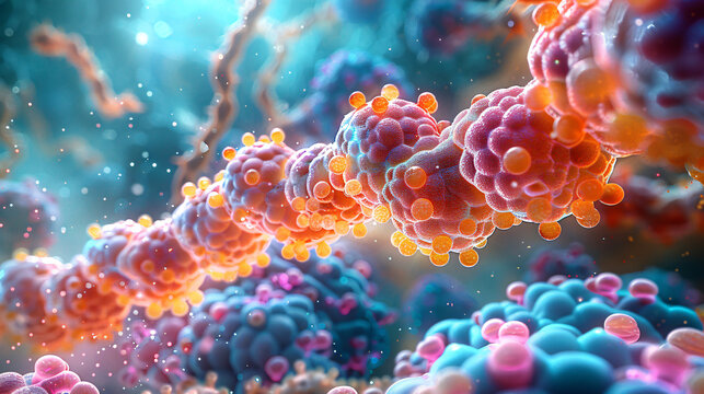 A captivating 3D scene where cellular organelles like mitochondria and ribosomes appear in a spectrum of vibrant colors.