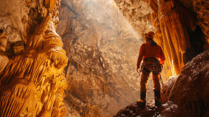 Man exploring a stunning cave in Spain with sunlight