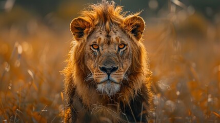 Fototapeta premium A lion is standing in tall grass with its head held high
