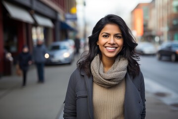 Fototapeta premium Portrait of a happy indian woman in her 30s wearing a cozy sweater isolated on bustling city street background