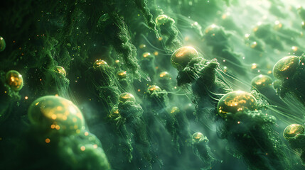 Obraz premium Subsurface Symphony: A captivating 3D scene where bioluminescent cells pulsate and glow beneath the surface of a transparent organism, bathed in an ethereal light.