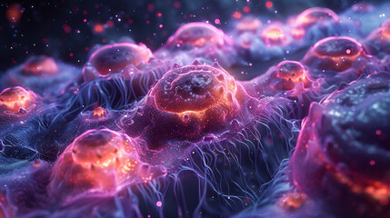 Obraz premium Glowing cells resembling bioluminescent plankton thrive underwater in a 3D scene, creating an otherworldly microscopic ecosystem.