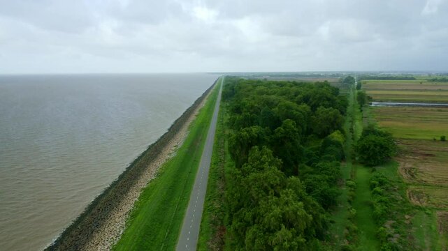 Aerial: Sea dyke view along the road, small jungle, North Atlantic Ocean and Nickerie Suriname