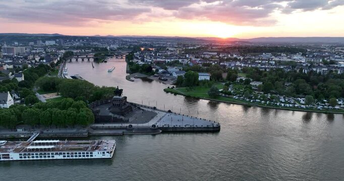 Aerial drone view on deutsche eck, where the moselle and rhine river meet at Koblenz, Germany.