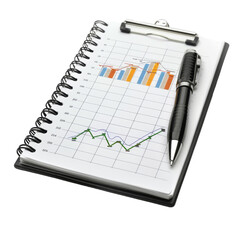 Spiral notebook with business charts and pen, perfect for financial analysis, planning, and business strategy concepts.