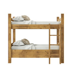 Wooden bunk bed with white mattresses and pillows. Perfect for children's room, guest room, or shared spaces. Functional and stylish design.