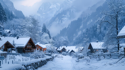 Fototapeta premium A small town in the mountains is covered in snow. The houses are made of wood and are surrounded by trees. The snow-covered landscape creates a peaceful and serene atmosphere