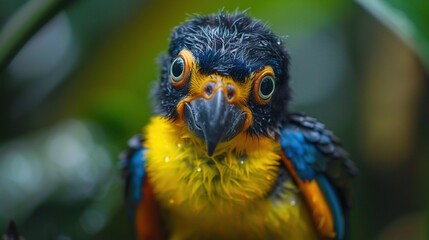 A close up portrait of a vibrant feathered bird with water droplets on its feathers showcasing the intricate details and colors of its plumage against a blurred green background