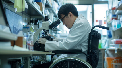 Obraz premium A dedicated Asian scientist in a wheelchair meticulously analyzes DNA samples under a microscope, driving forward medical research and cancer trials.