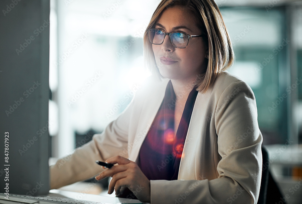 Poster Thinking, businesswoman and reading on computer for research, information and glasses in office. Female lawyer, idea and review details on internet for consulting, legal advisor and strategy for case