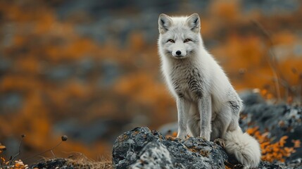 Obraz premium A white fox is sitting on a rock in a forest