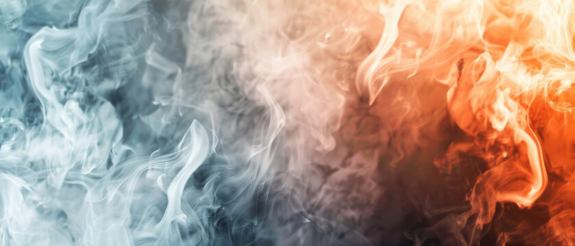 Ethereal swirls of blue and orange smoke merge together in a delicate dance, creating an intriguing blend of opposites.
