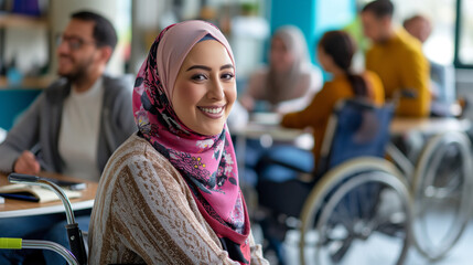 Obraz premium In a vibrant office, a joyful Muslim woman interacts with her multi-racial colleagues. A smiling hijabi woman in a wheelchair highlights the accessible and inclusive environment.