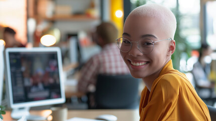 Fototapeta premium In a bright, inclusive office, a cheerful young black albino woman works at her computer, representing modern workplace diversity.