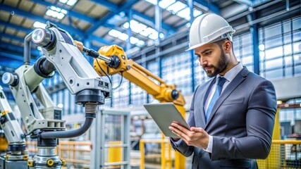 Fototapeta premium Manager Technical Industrial Engineer who works with robotics and controls it on the tablet with the help of the appropriate software via the network connection. Automated robot arm controlled