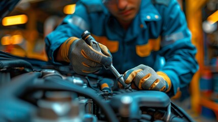 Focused Mechanic Repairing Car Engine in Workshop