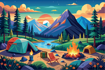 a camping scene against a background of mountains, trees and a river stretching into the distance. In the foreground you can see a tent camp next to a campfire with flames and logs visible.