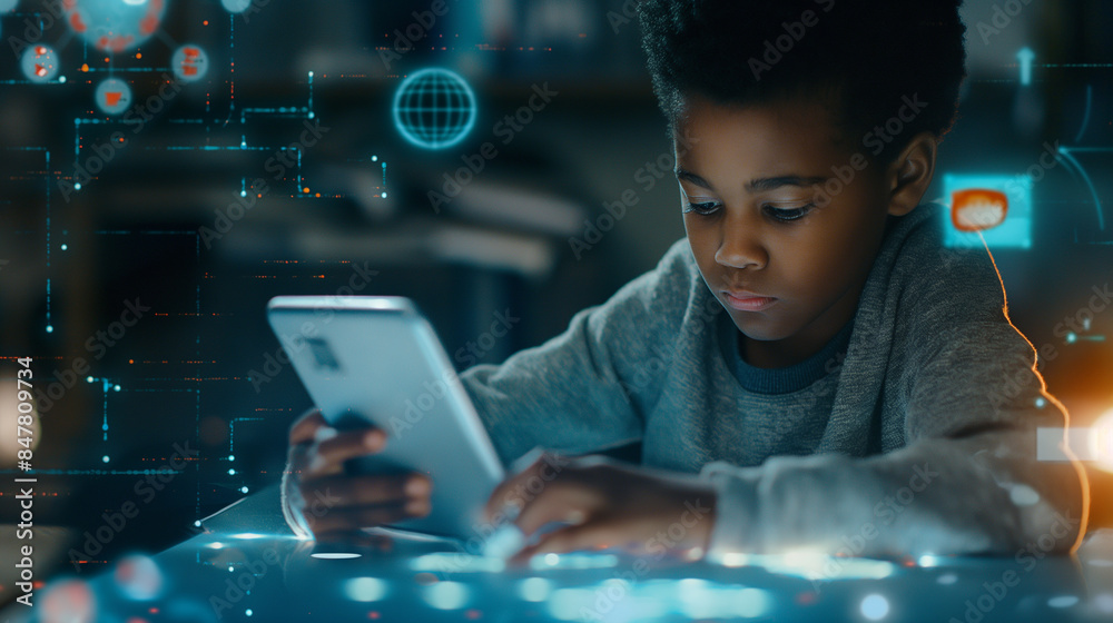 Wall mural a young boy using a digital tablet to learn coding, representing the future of tech education and op