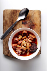 top view of fabada dish with spoon