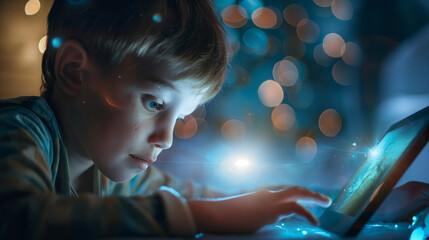 A boy watching an educational video on a tablet, illustrating the concept of future learning possibilities.