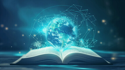 A digital open book with a holographic planet map emerging from its pages, set against a blue background, representing futuristic global education.
