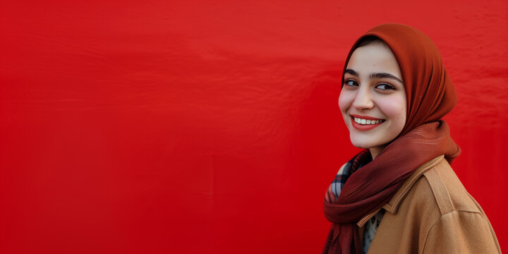 A portrait of a young smiling Muslim woman wearing a red hijab against a red background studio with copy space for text - Powered by Adobe