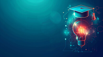 Futuristic smart education design with a glowing bachelor cap and illuminated light bulb on a vibrant blue background.