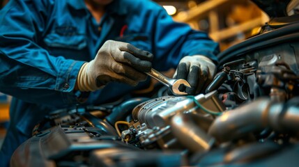 Focused Mechanic Repairing Car Engine in Workshop