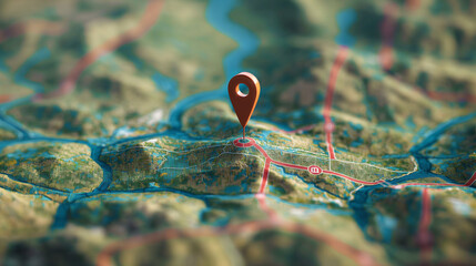 A detailed digital map with a prominent GPS pin and a clear route path, representing modern navigation systems.