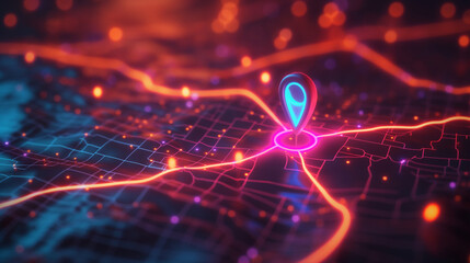 A digital map with a vibrant GPS pin and a highlighted route path, symbolizing modern location tracking technology.