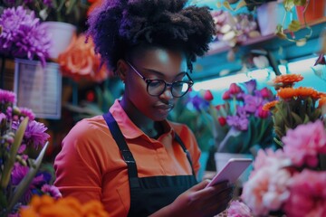 Young African American florist using smartphone and taking orders.