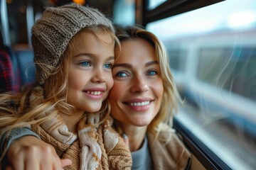 Woman and girl smiling joyously by window with faint city lights in background, suggesting a lively urban journey