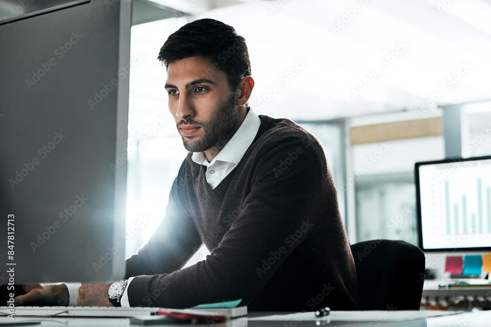 Poster computer, data and business man reading email, planning or research graph in office. pc, financial a