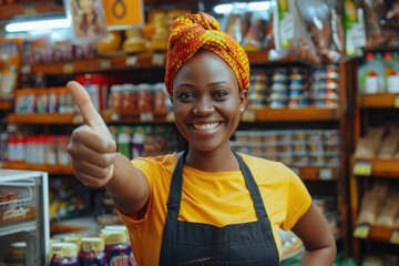 female african store attendant smiling and gives a thumbs up