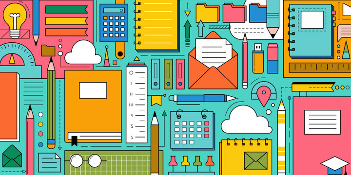 Back to school background with study supplies and office stationery. Geometric poster of education and work concept with icons of pen, pencil, book, notebook, calendar and folders, vector illustration