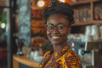 Obraz premium Young African female entrepreneur welcomes in trendy cafe.