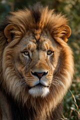 Up close portrait (head) of perfect lion in natural habitat. King of beasts, fierce and serious gaze as wild predator in exotic natural world. Animal theme wildlife concept. Copy ad text space. Gen Ai