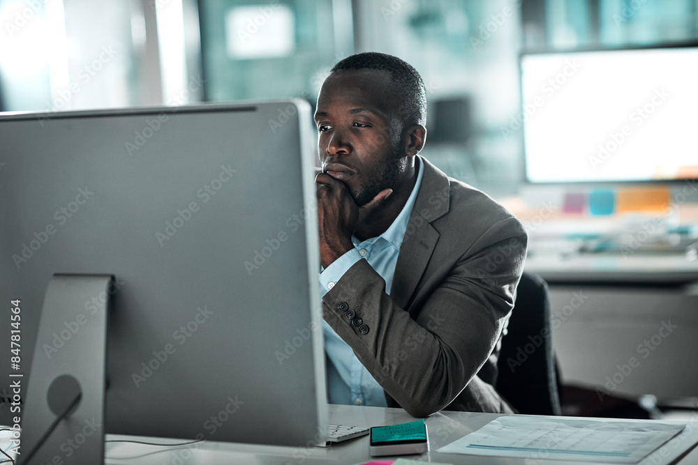 Aufkleber Computer, thinking and black man in office for planning, research and brainstorming. Idea, decision and internet for information, problem solving and salesman working on business solution for project
