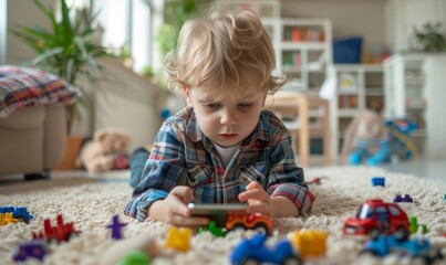 The child uses a smartphone, plays games, watches videos online, scrolls the screen. Children's screen addiction. Smartphone addiction.