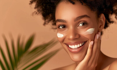 A woman joyfully applies face cream, prioritizing beauty and skin health with dedication to selfcare. She cherishes natural, organic skincare for youthful, radiant, and glowing skin