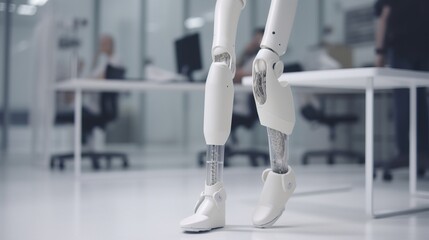 A disabled man at the doctor in the office measures the prosthesis for the leg. AI generated.