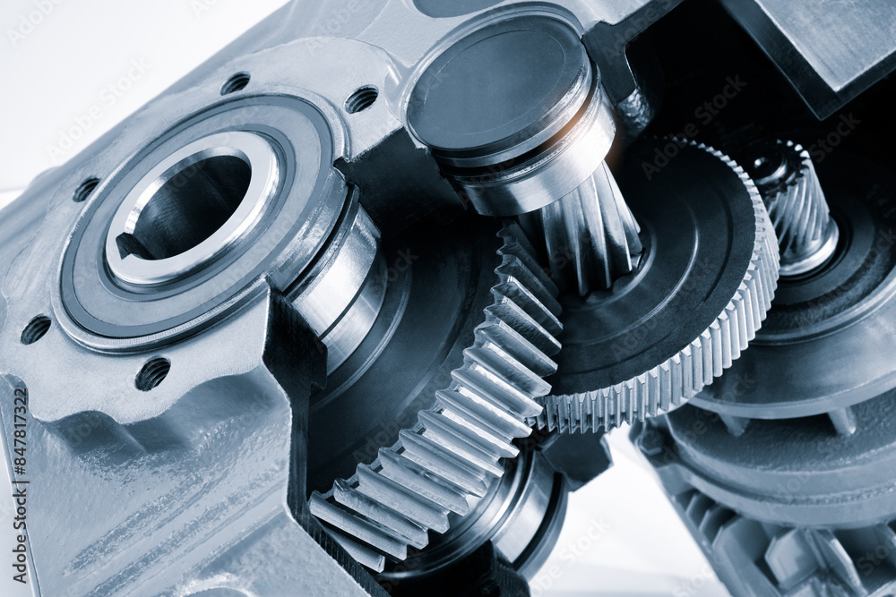 Poster A close up of a gear with a black and white filter. Concept of precision and complexity, as gears are intricate and interlocking components of machinery. The black and white filter adds a timeless