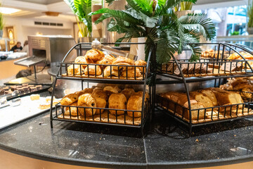 Breakfast at Hotel, Conference Buffet with Sandwiches, Canepes, Sausage Slices, a Set Table