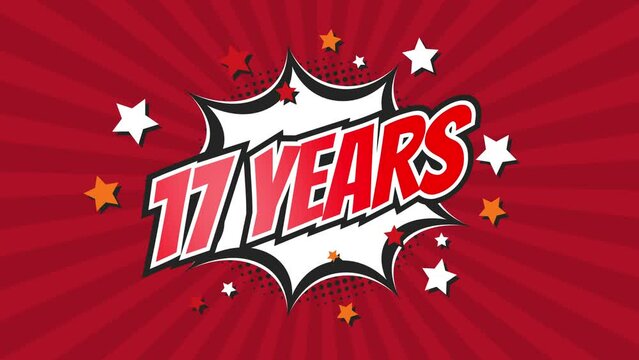 17th seventeenth anniversary - 17 seventeen years birthday. Animated text on pop colorful background with rotating rays.
