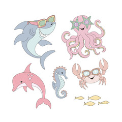 Funny ocean animal vector clip-art set isolated on white. Shark Octopus Dolphin Crab Sea horse Small fish. Groovy underwater illustration.