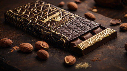 Realistic label for a gourmet chocolate bar. The design should be elegant and premium, with intricate patterns and metallic accents. Position the chocolate bar in a realistic setting with cocoa beans
